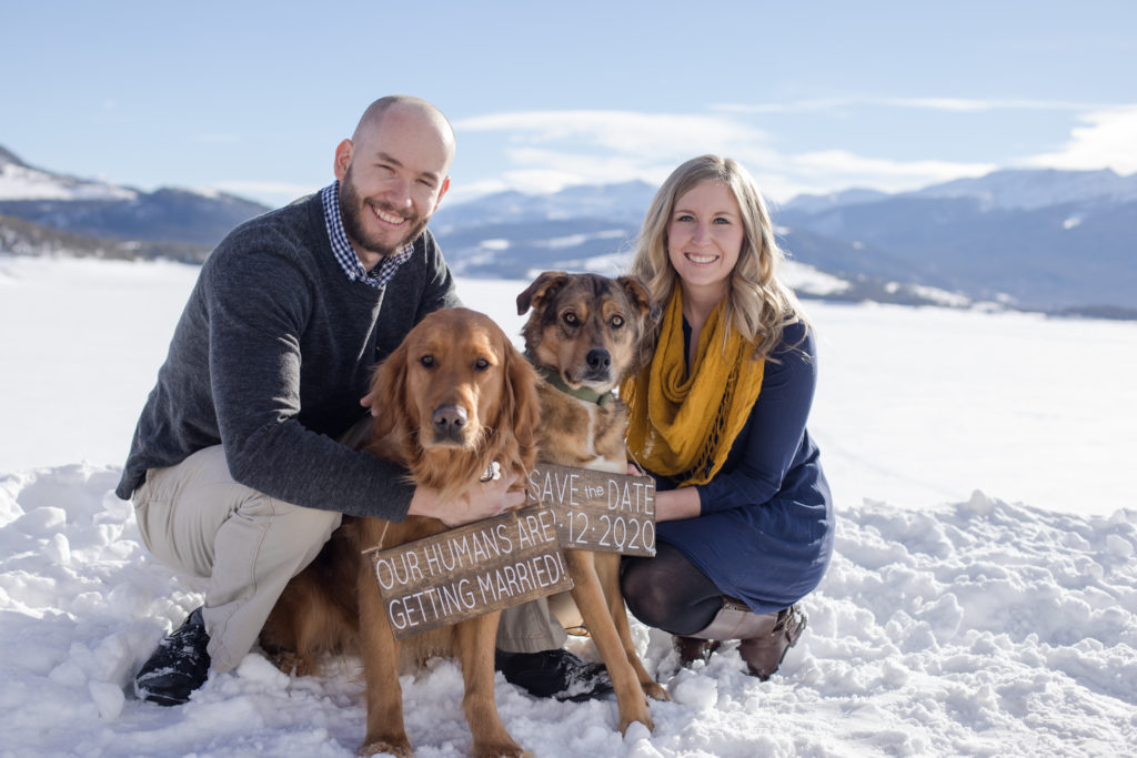 engaged couple announce their wedding date with dogs