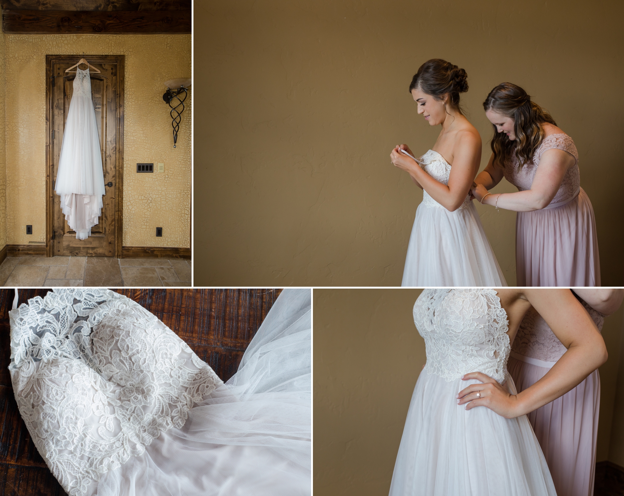 bride getting ready at mountain chic barn