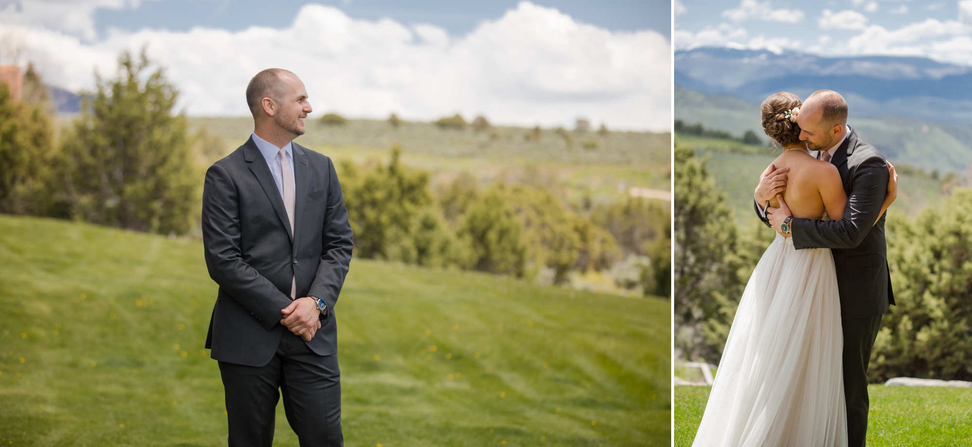 bride and groom first look at Colorado mountain wedding