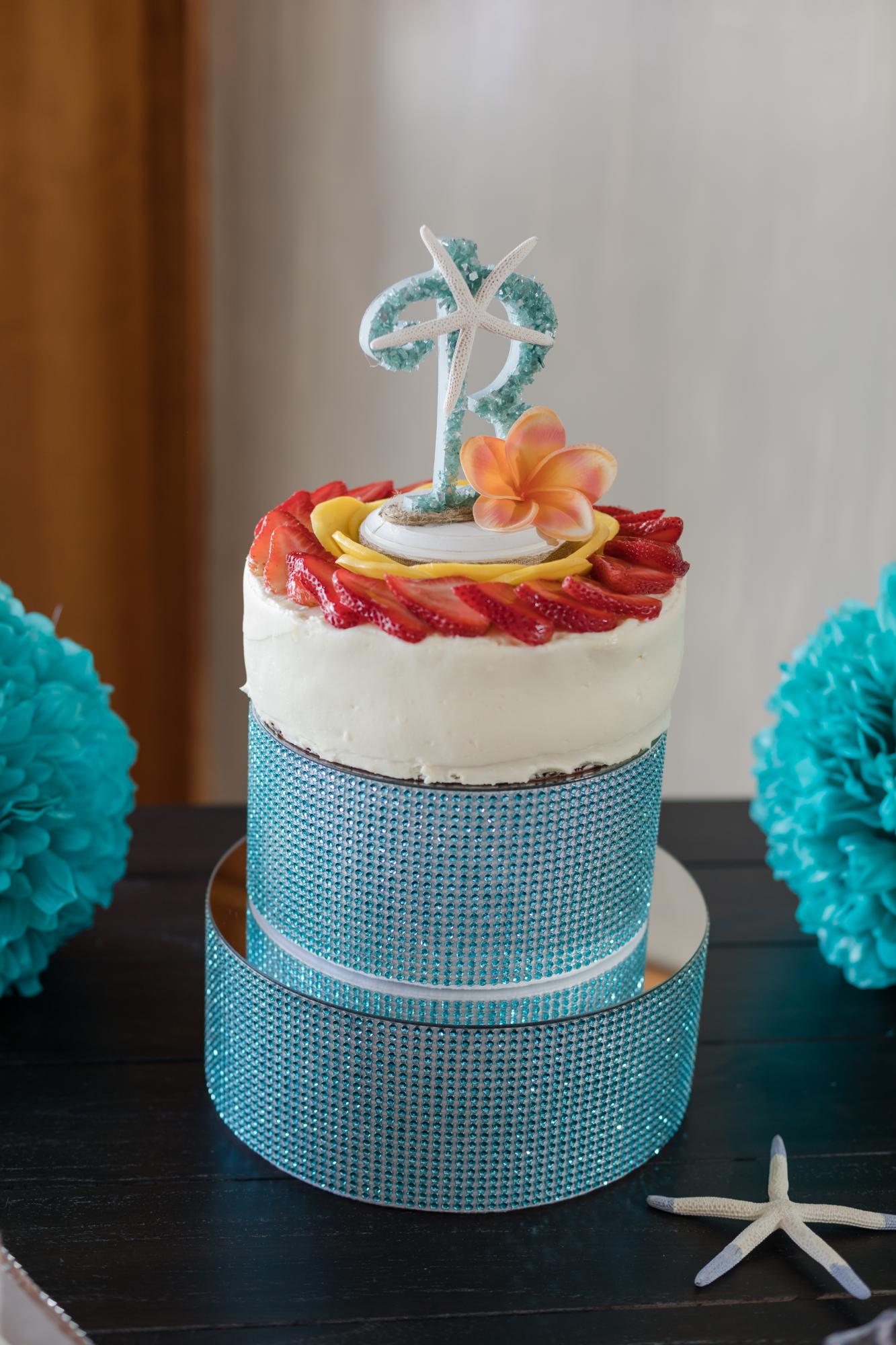 teal and coral wedding cake