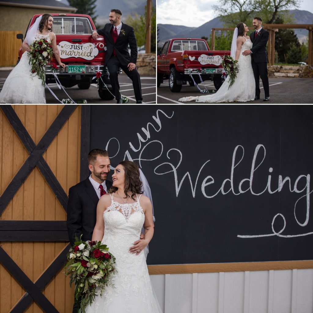 Newlyweds with their car and a Just Married sign
