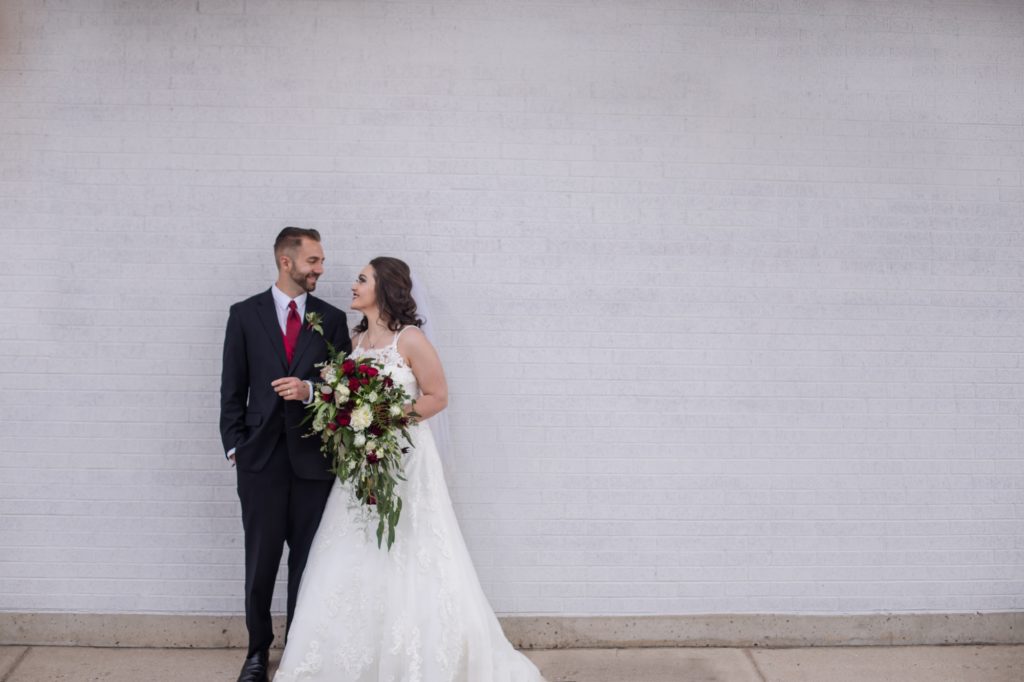 Bride and groom portrait in downtown Monument