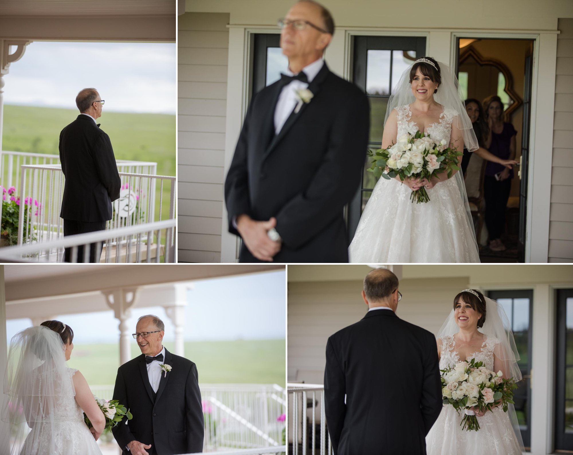 bride has first look with father of the bride on porch