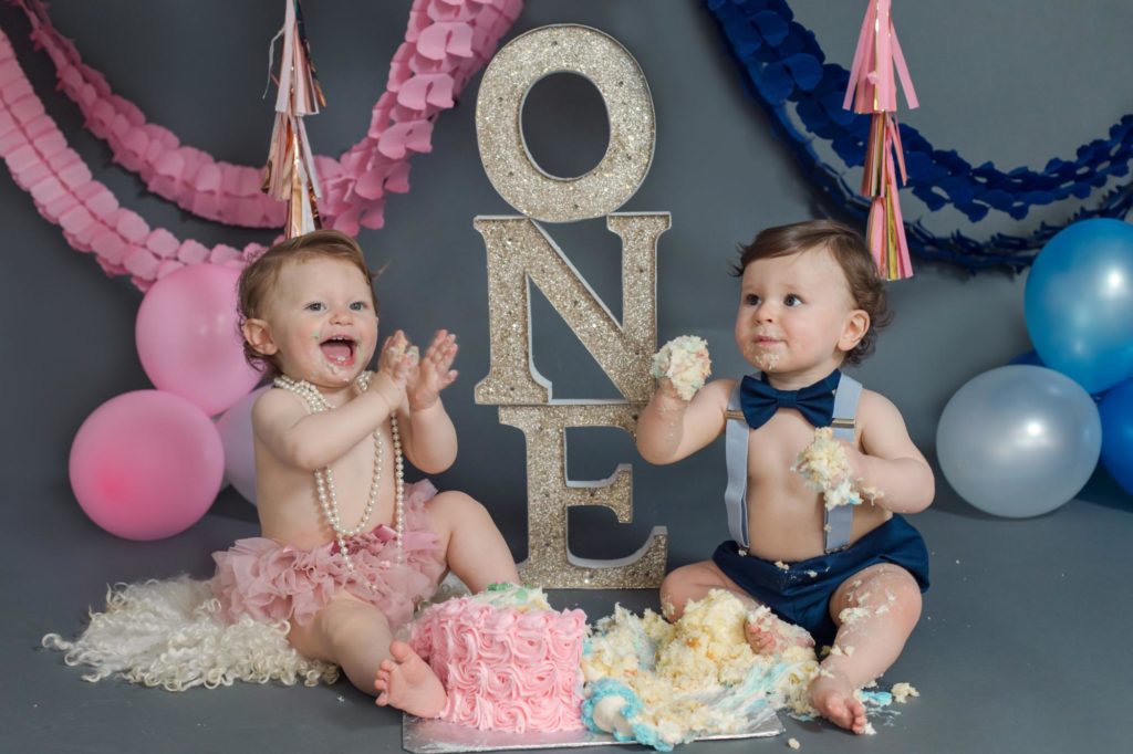 Fraternal twins in pink and navy cake smash set