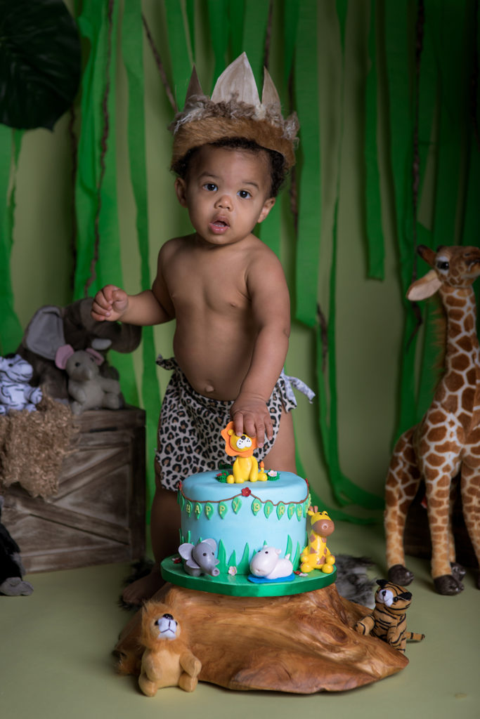 Jungle cake smash with African American little boy