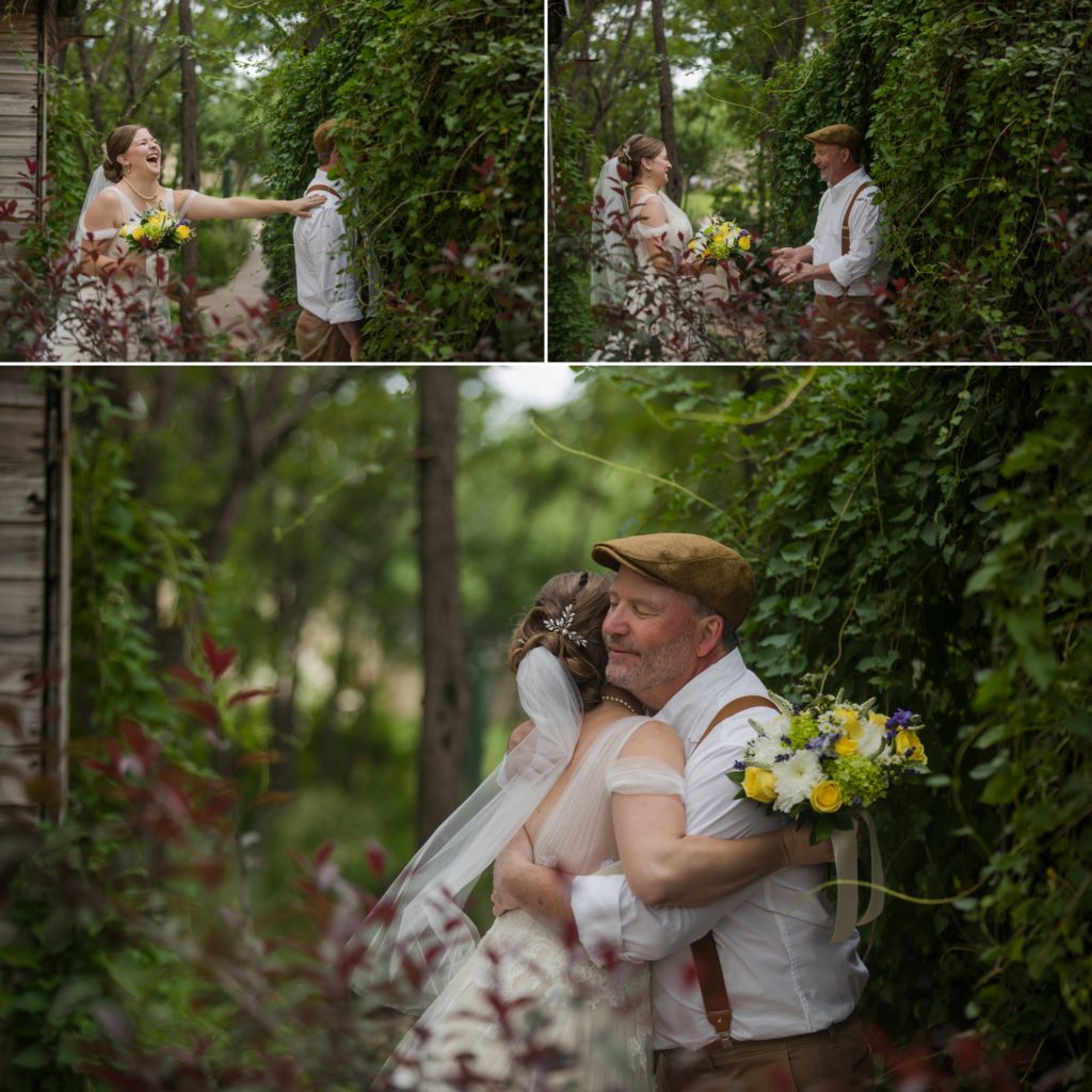 bride has first look with dad at Hillside Gardens wedding