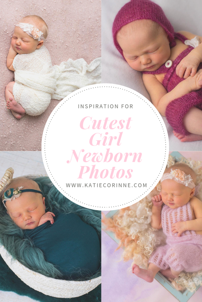 Newborn baby girl in various outfits and newborn props