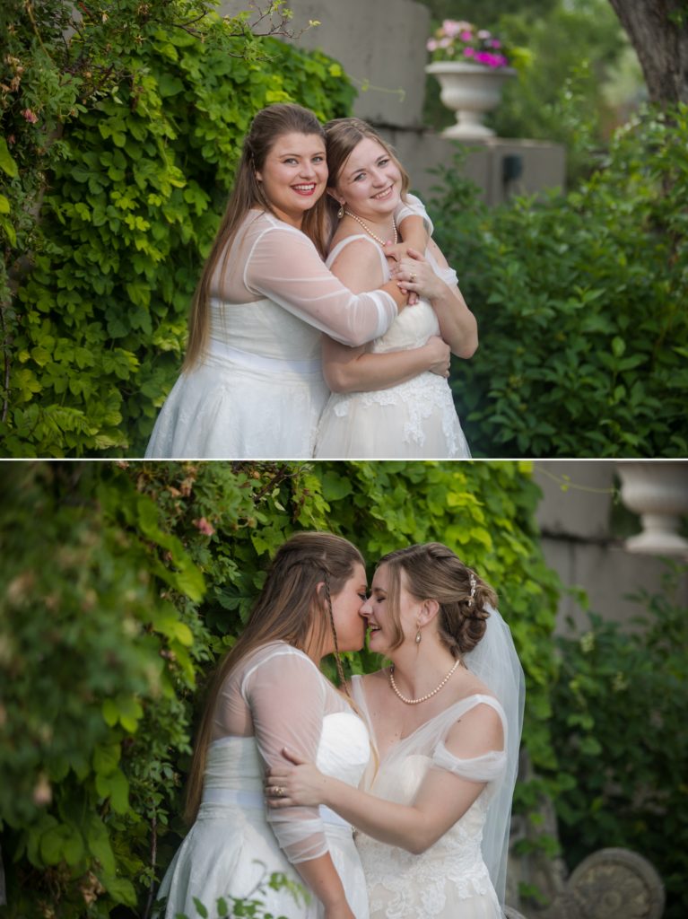 Colorado newlyweds in front of vine wall at queer wedding