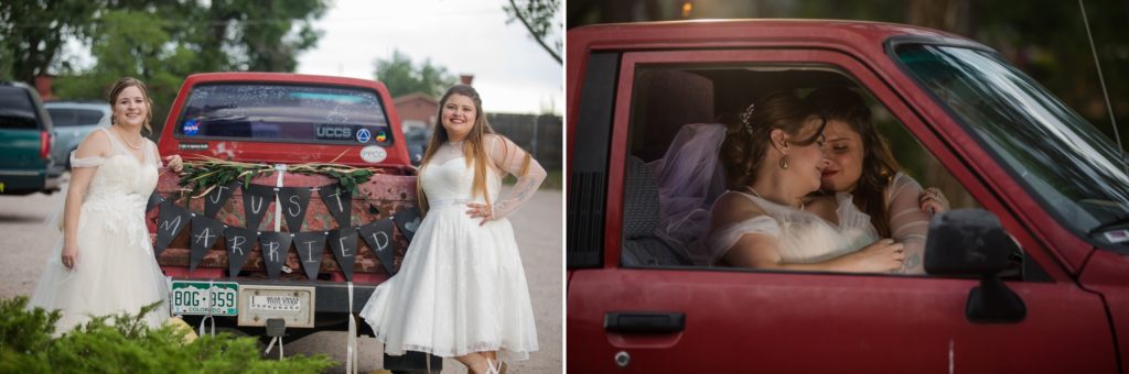 Brides pose in front of their truck with Just Married sign