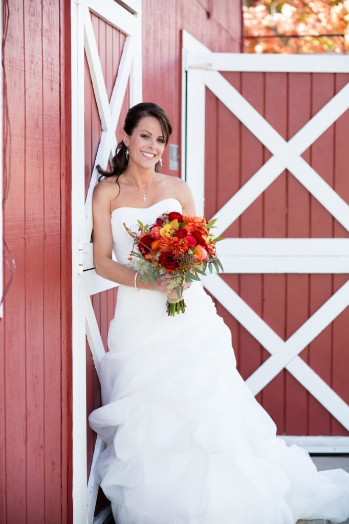 bride leaning against red barn