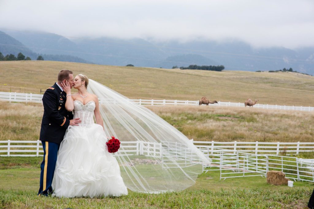 bride and military groom kissing in field