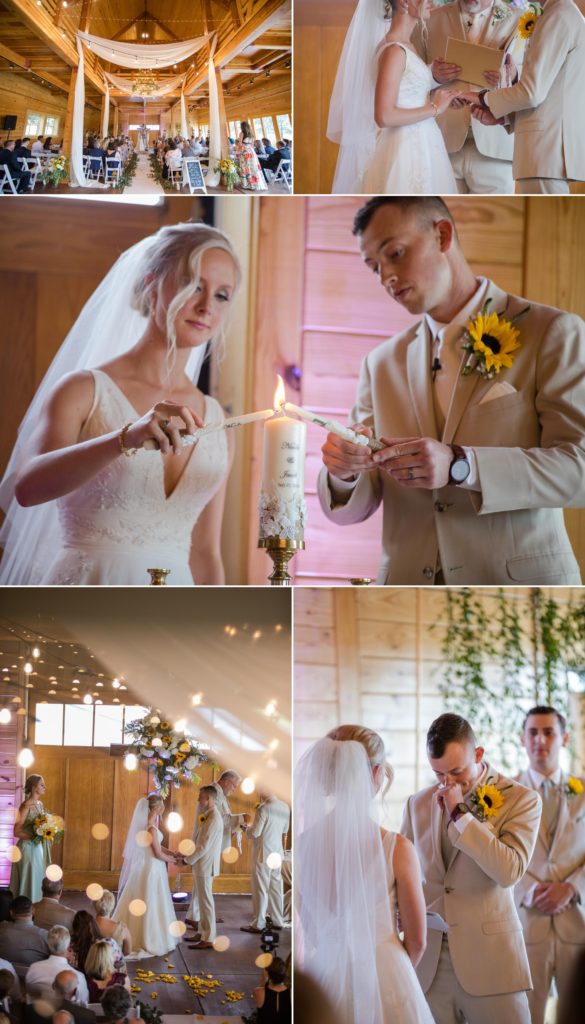 Colorado couple lights unity candle at modern farmhouse wedding ceremony