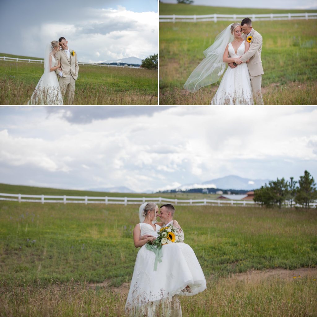Newlywed couple poses for Colorado wedding photographer