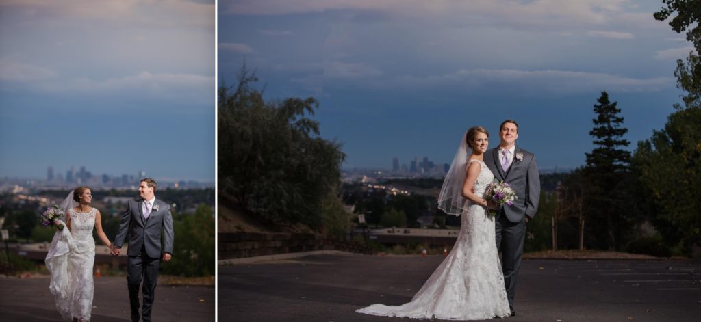 wedding couple takes newlywed portraits overlooking denver skyline
