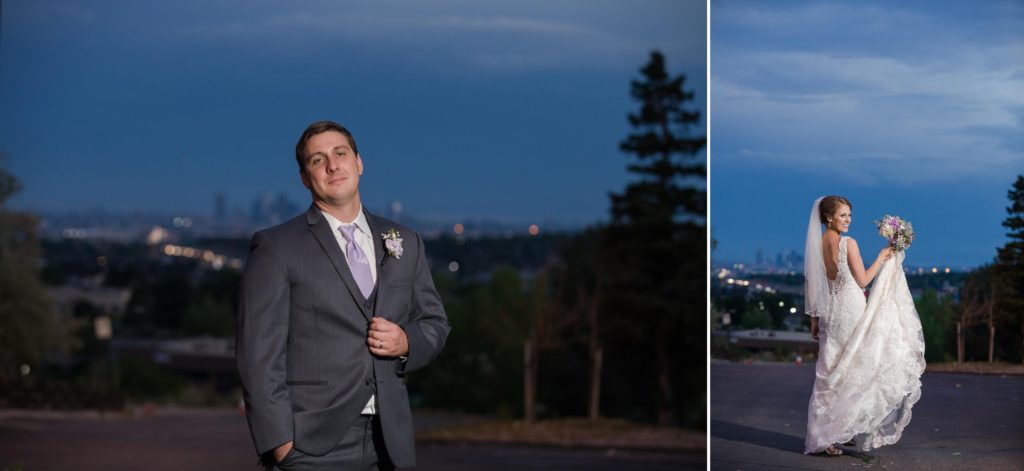 Groom and bride portraits during twilight at Brittany Hill wedding
