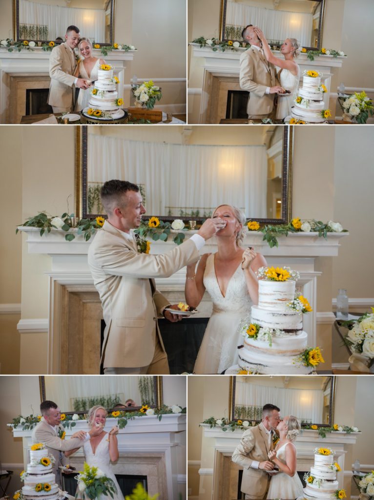 Bride and groom cut their cake at modern farmhouse wedding
