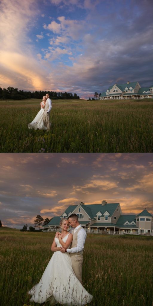 Colorado newlywed couple poses in front of Flying Horse Ranch