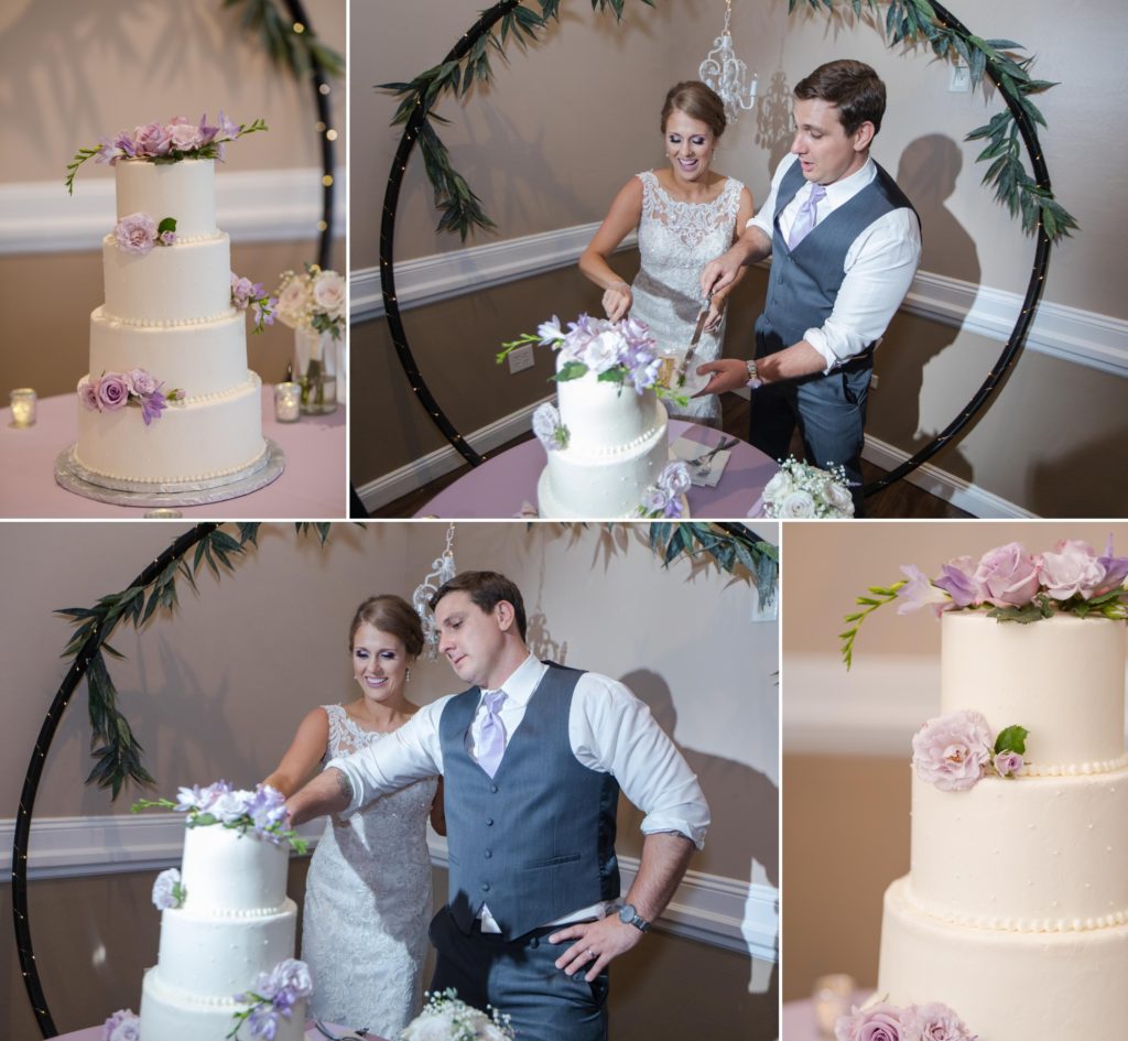 bride and groom cut cake at modern chic city wedding