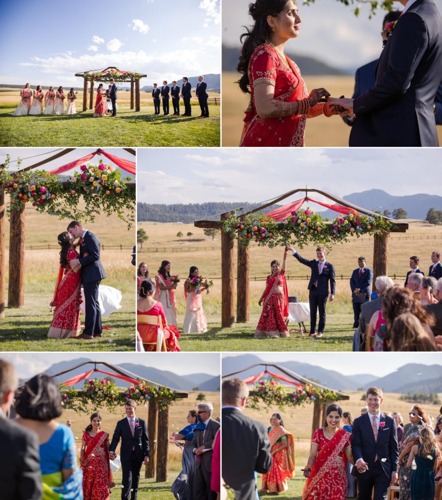 Colorado couple exchange rigs and kiss at Spruce Mountain wedding