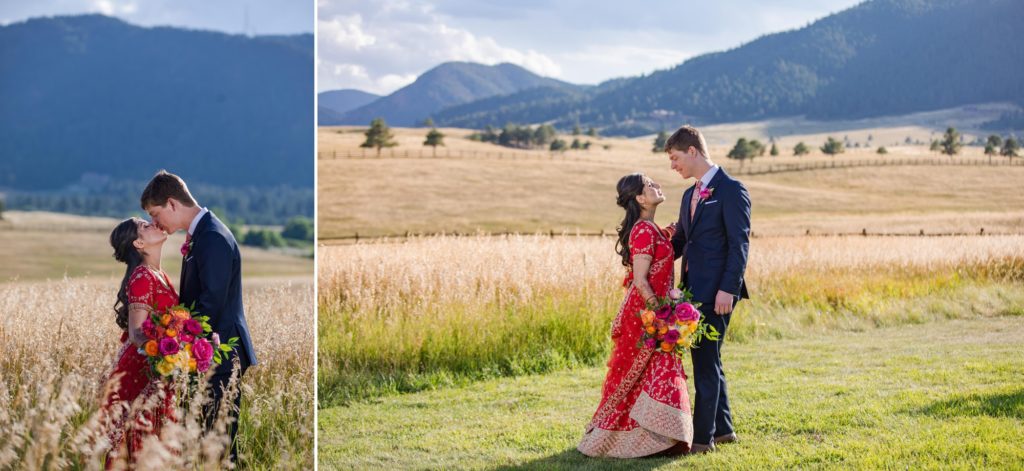 Bride wearing Lehenga wedding dress poses for newlywed portraits with groom in suit