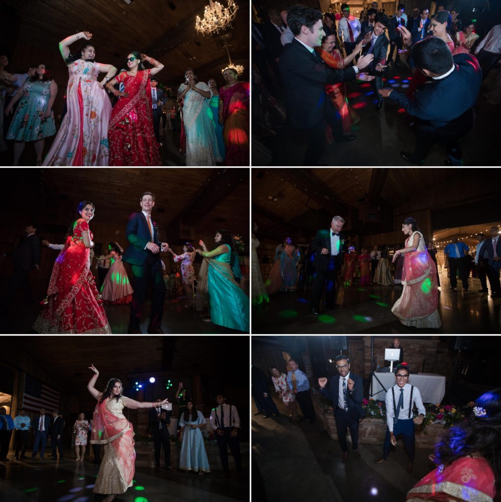 Hindu and Christian wedding guests dance and party at Colorado wedding