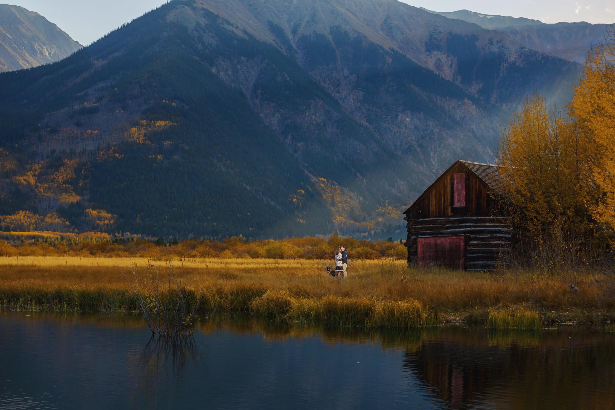 couple in distance at aspen fall engagement session