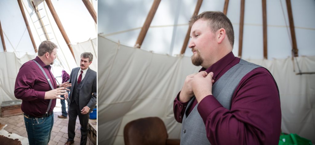 groom gets ready in a tepee