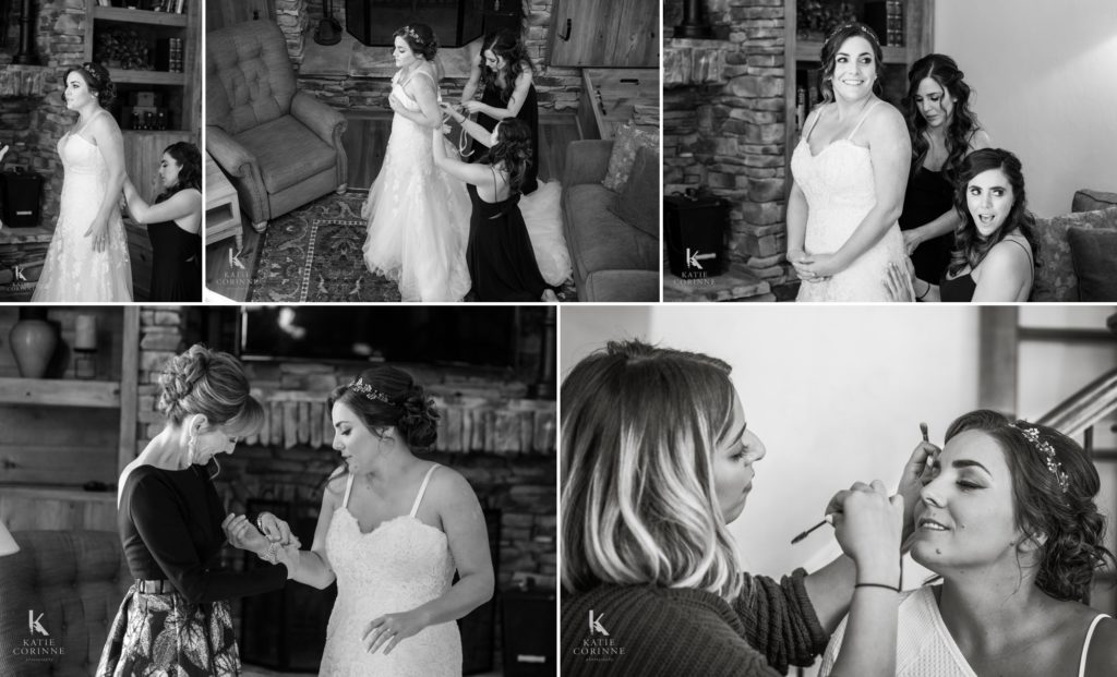 bride puts dress on at Spruce Mountain Ranch