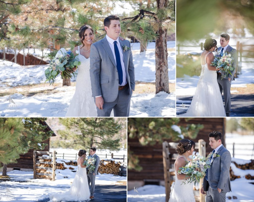 winter wedding photography of couple's first look