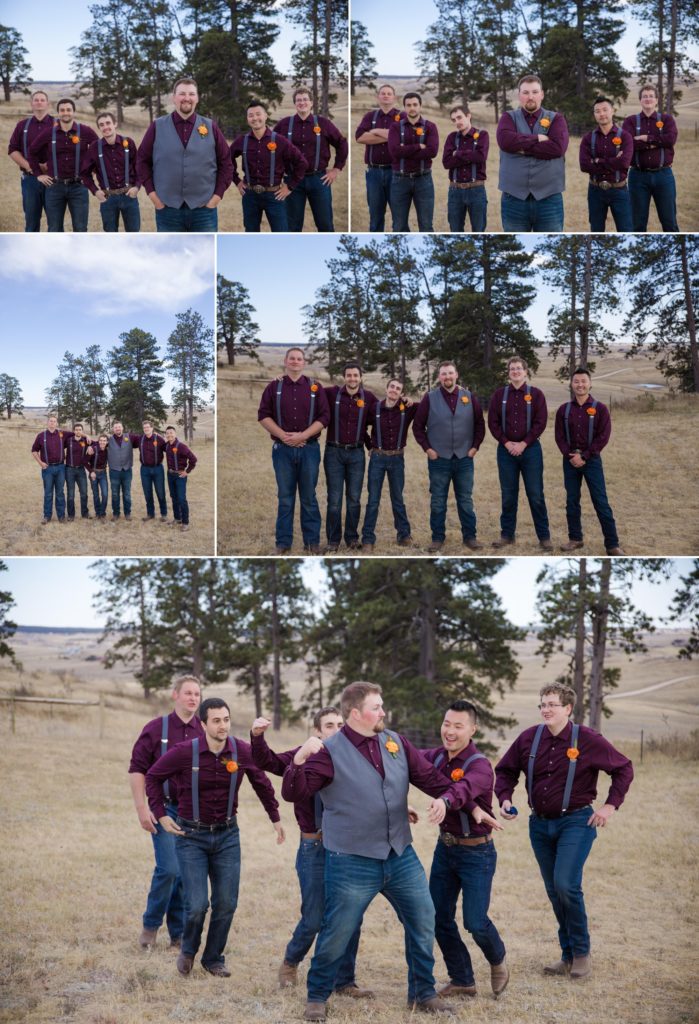 Groom and groomsmen at country wedding