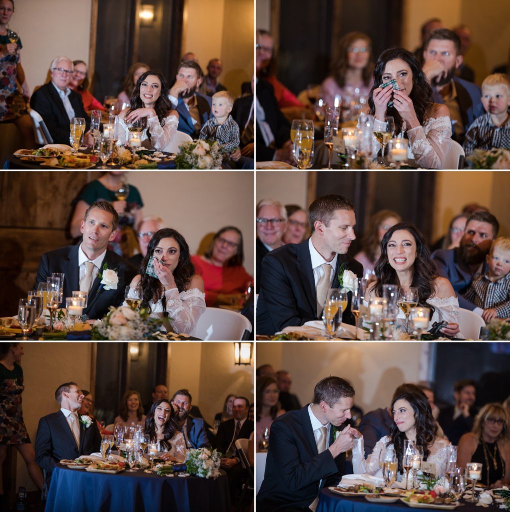 couple listens to toasts at timeless wedding reception