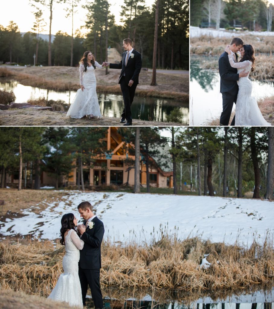 newlyweds in front of the lodge at cathedral pines