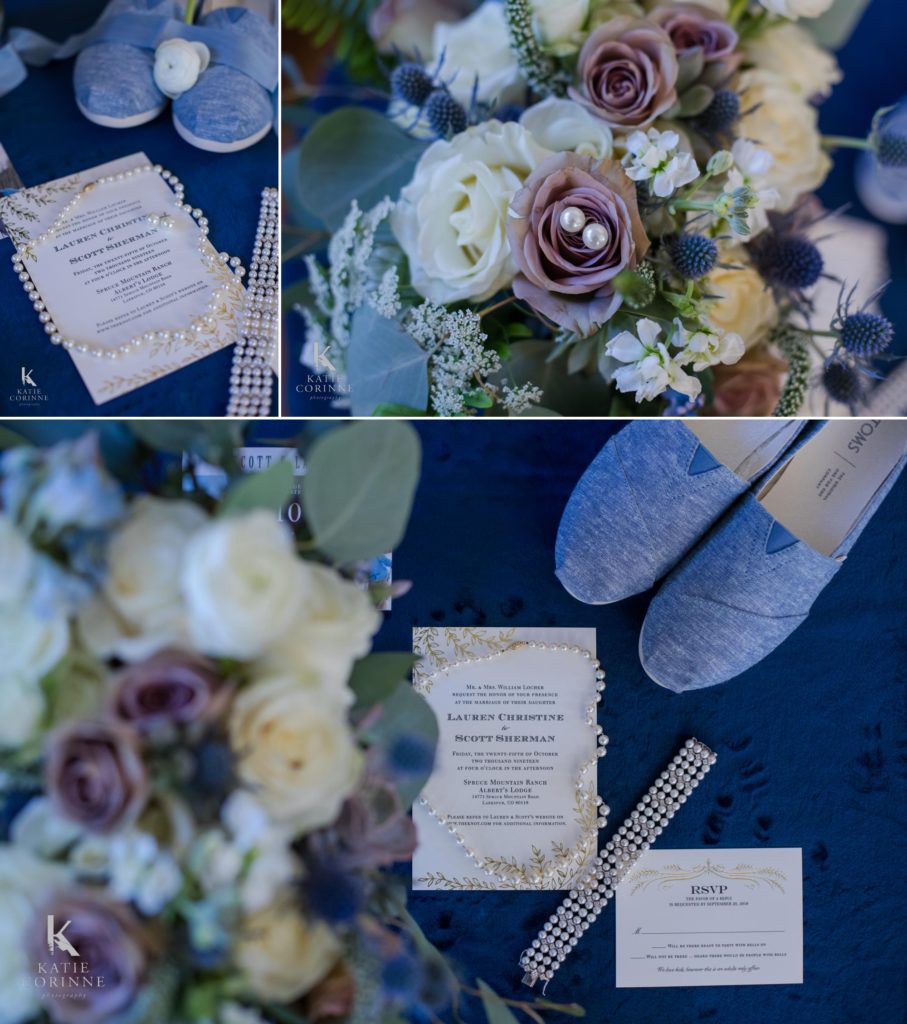 winter wedding photography of blue bridal details