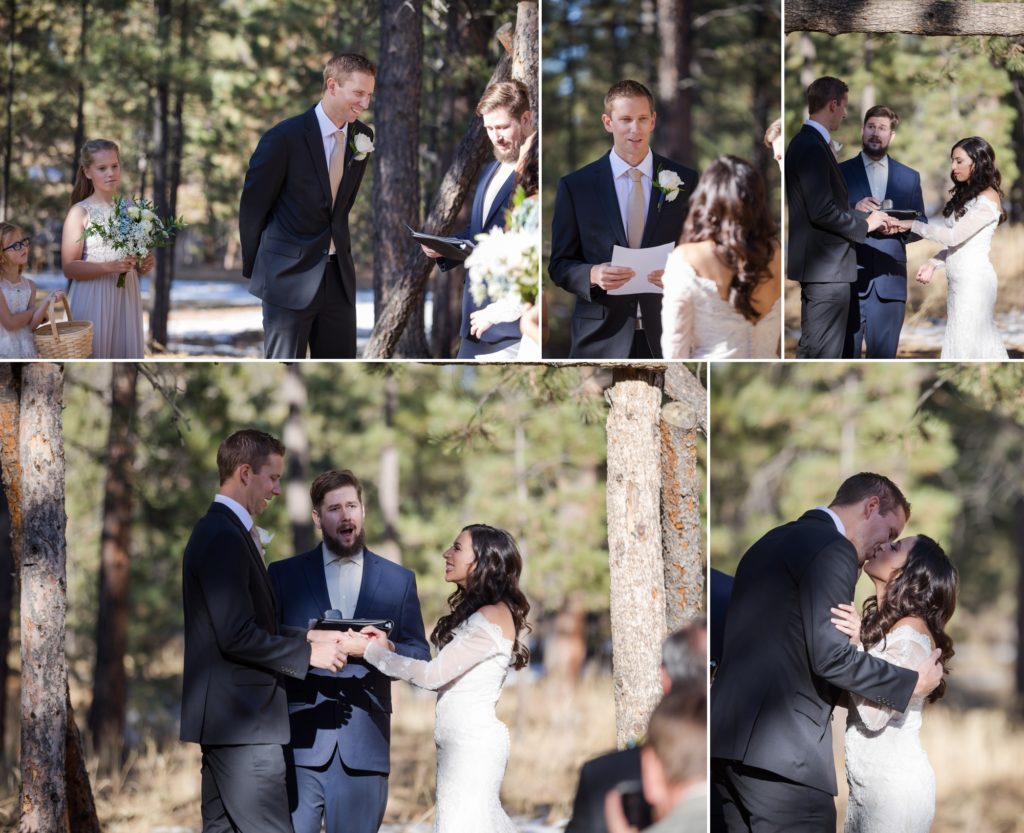 couple has first kiss in woodsy wedding ceremony