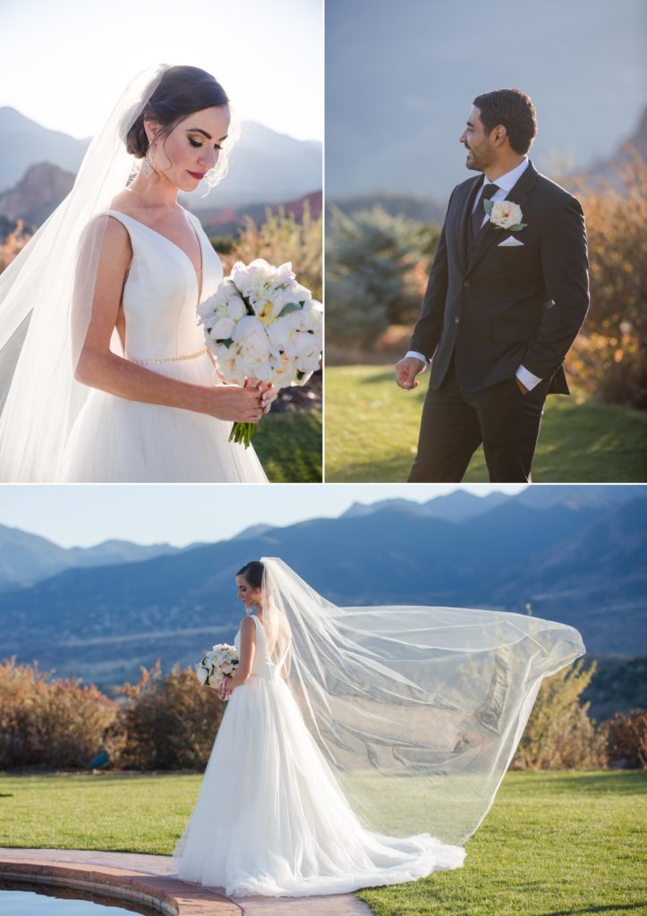 bride and groom pose for Colorado Springs wedding photographer