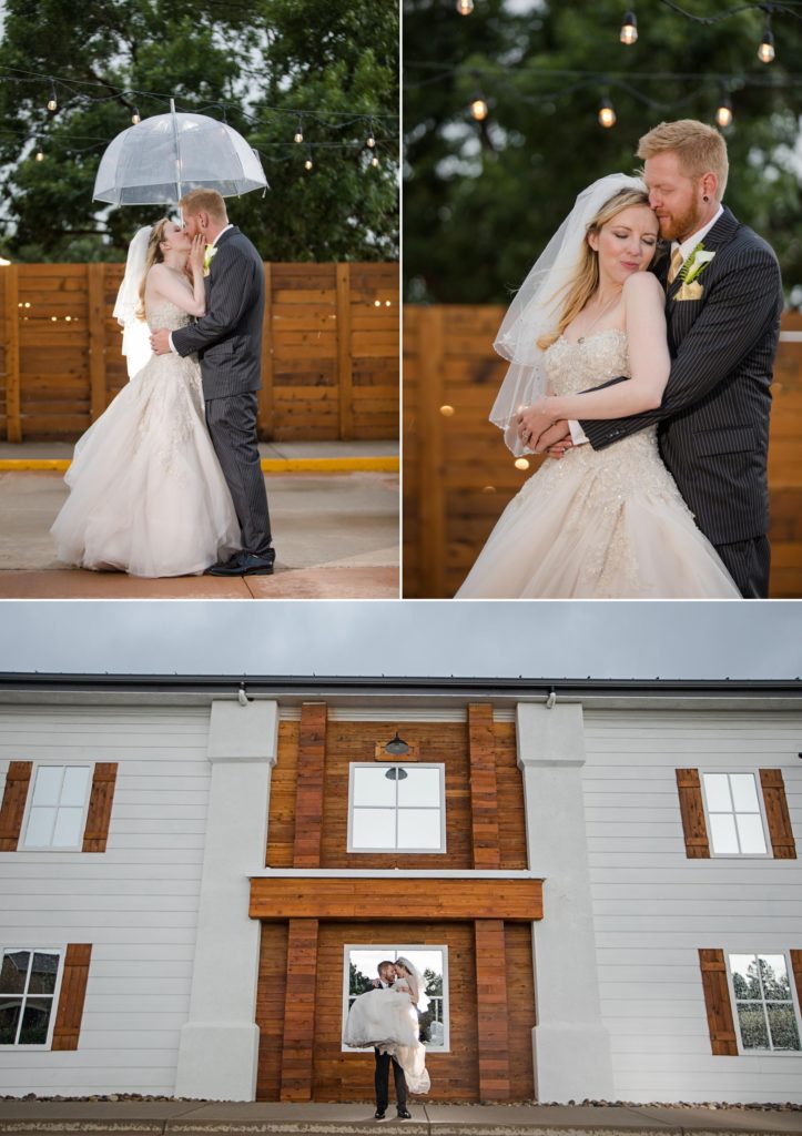 newlyweds pose for portraits on rainy wedding day