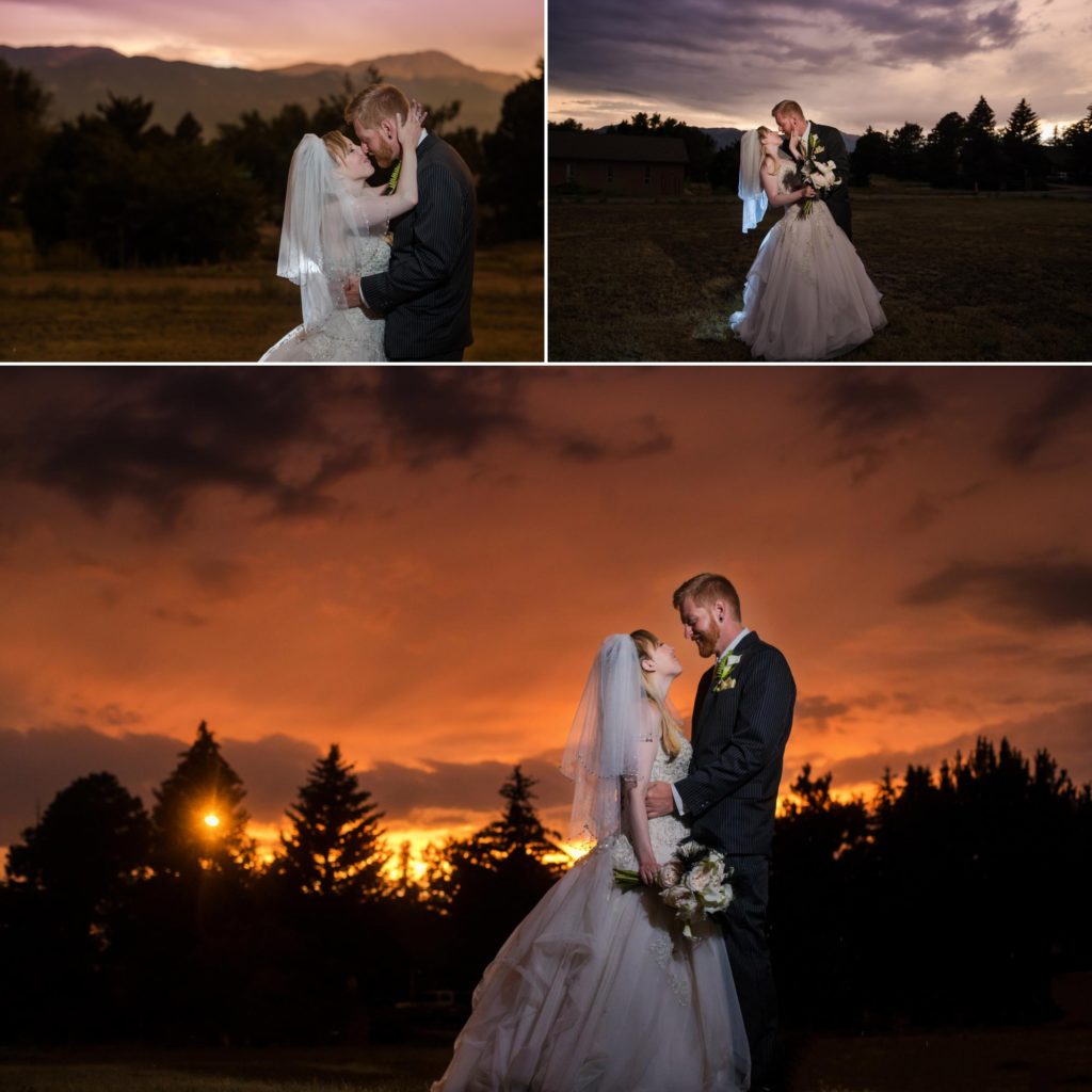 couple posed under Colorado sky after rainy wedding day