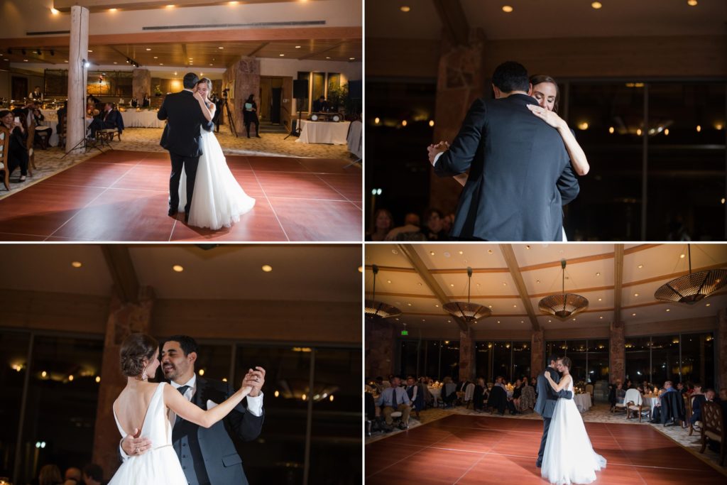 couple has first dance at elegant Colorado Springs wedding reception