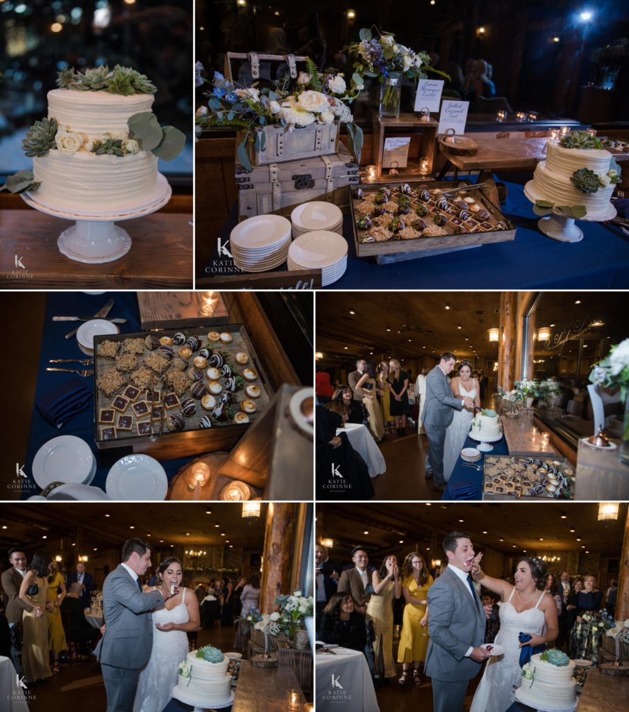 couple cuts cake at Colorado wedding