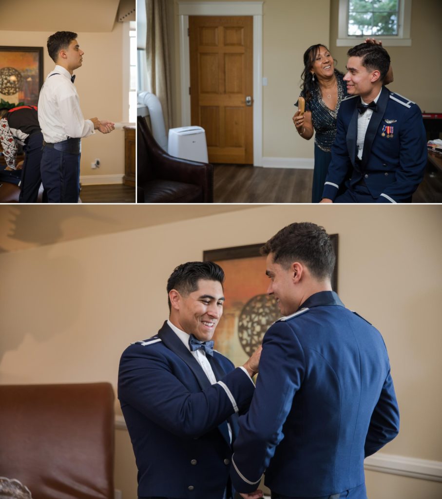 groom gets ready for larkspur military wedding