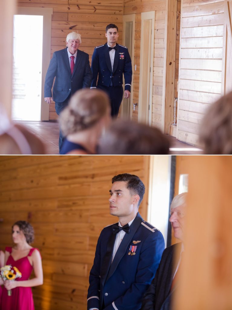 groom waits for bride at Larkspur military wedding