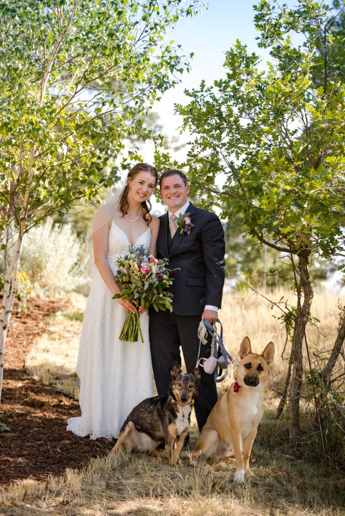 bride and groom with dogs at backyard Parker wedding