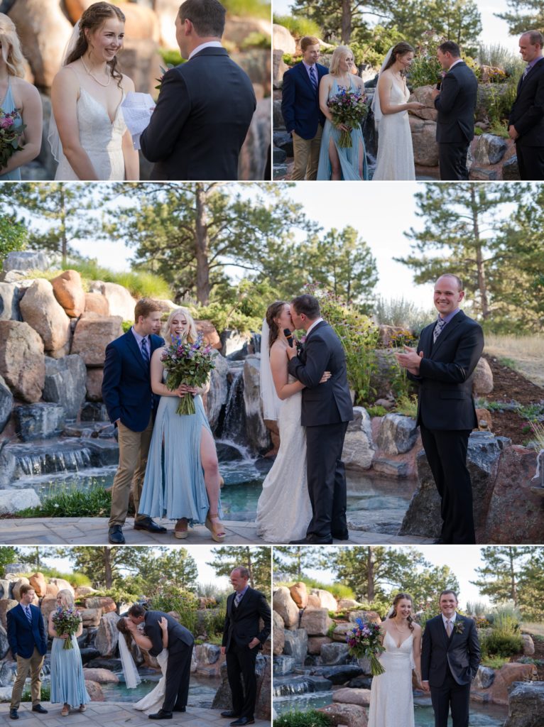 couple has first kiss at backyard parker wedding