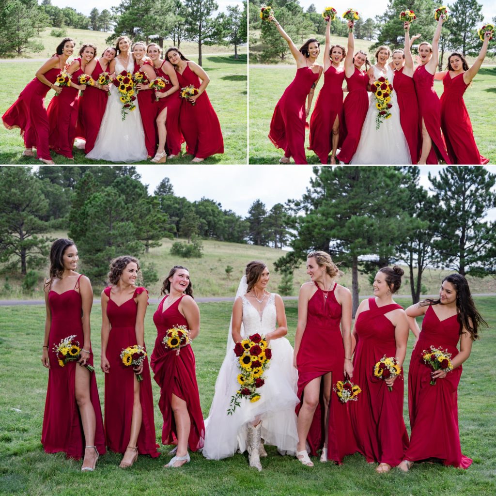 bride and bridesmaids at country barn wedding