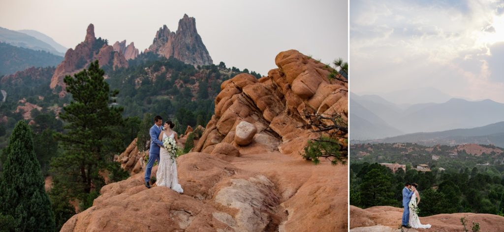 bride and groom have first look at Garden of the Gods