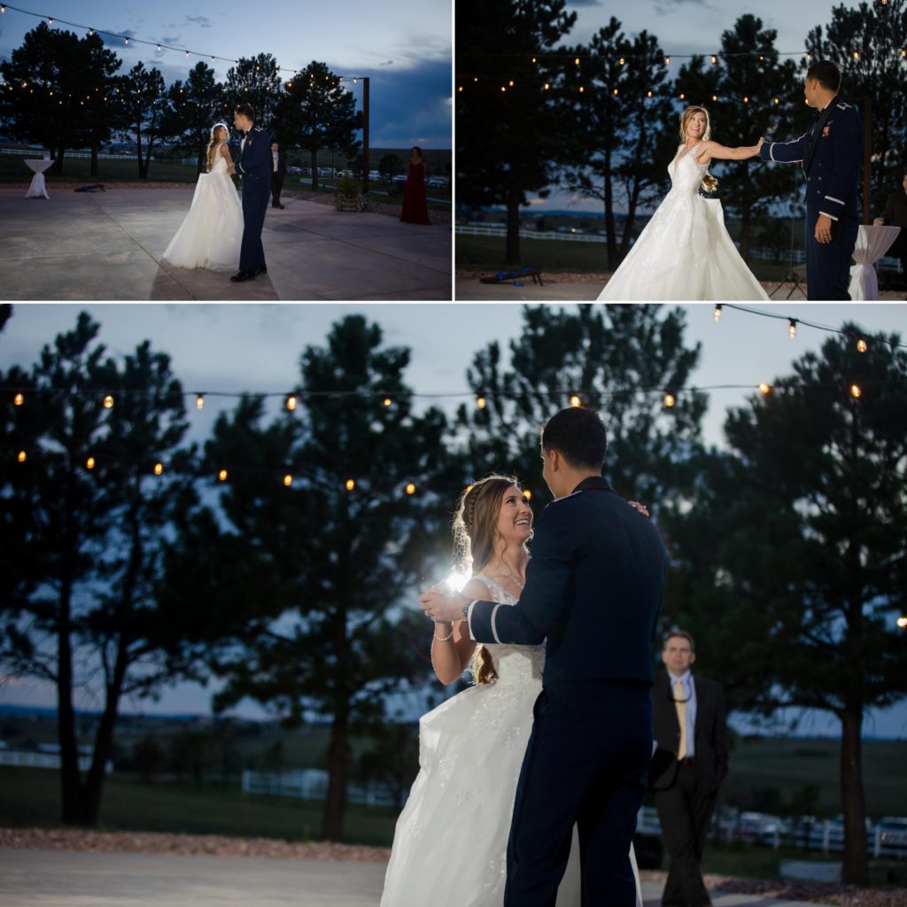 military bride and groom have first dance at Larkspur wedding