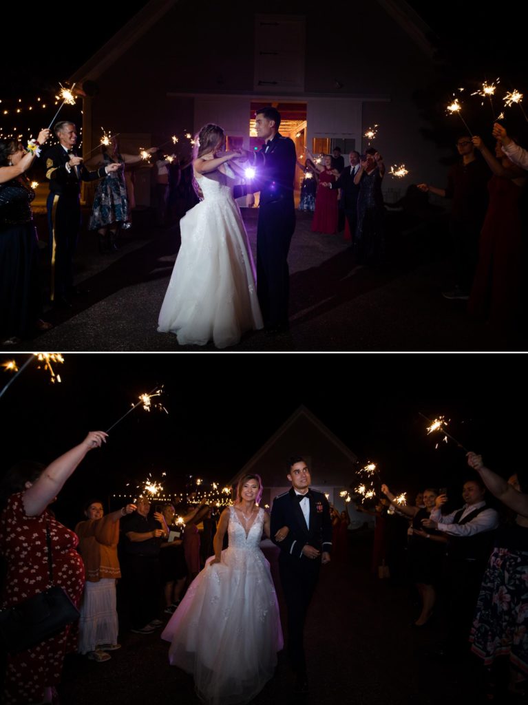 Colorado bride and groom exit barn wedding under sparklers