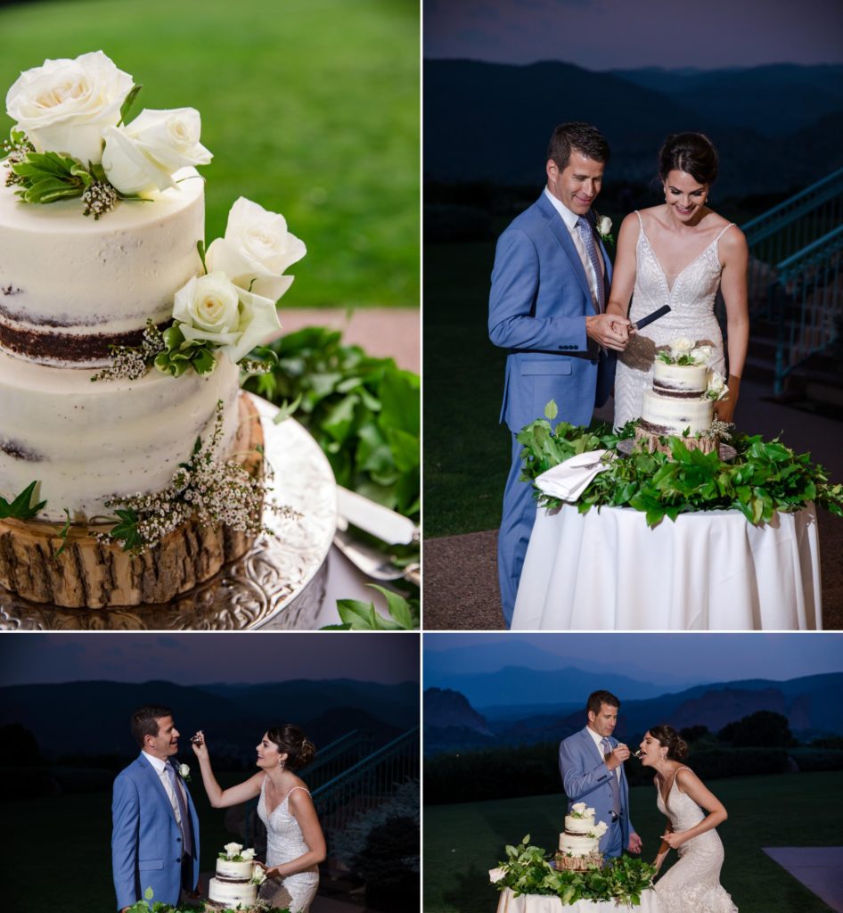 Colorado couple cuts cake at Colorado Springs wedding