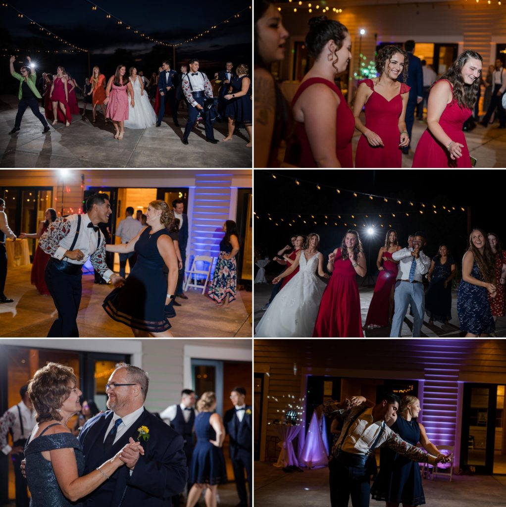 wedding guests dance at barn wedding