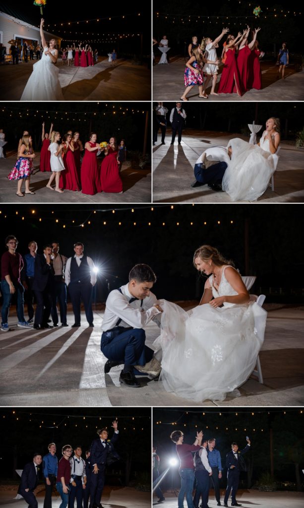 bouquet and garter toss at country wedding